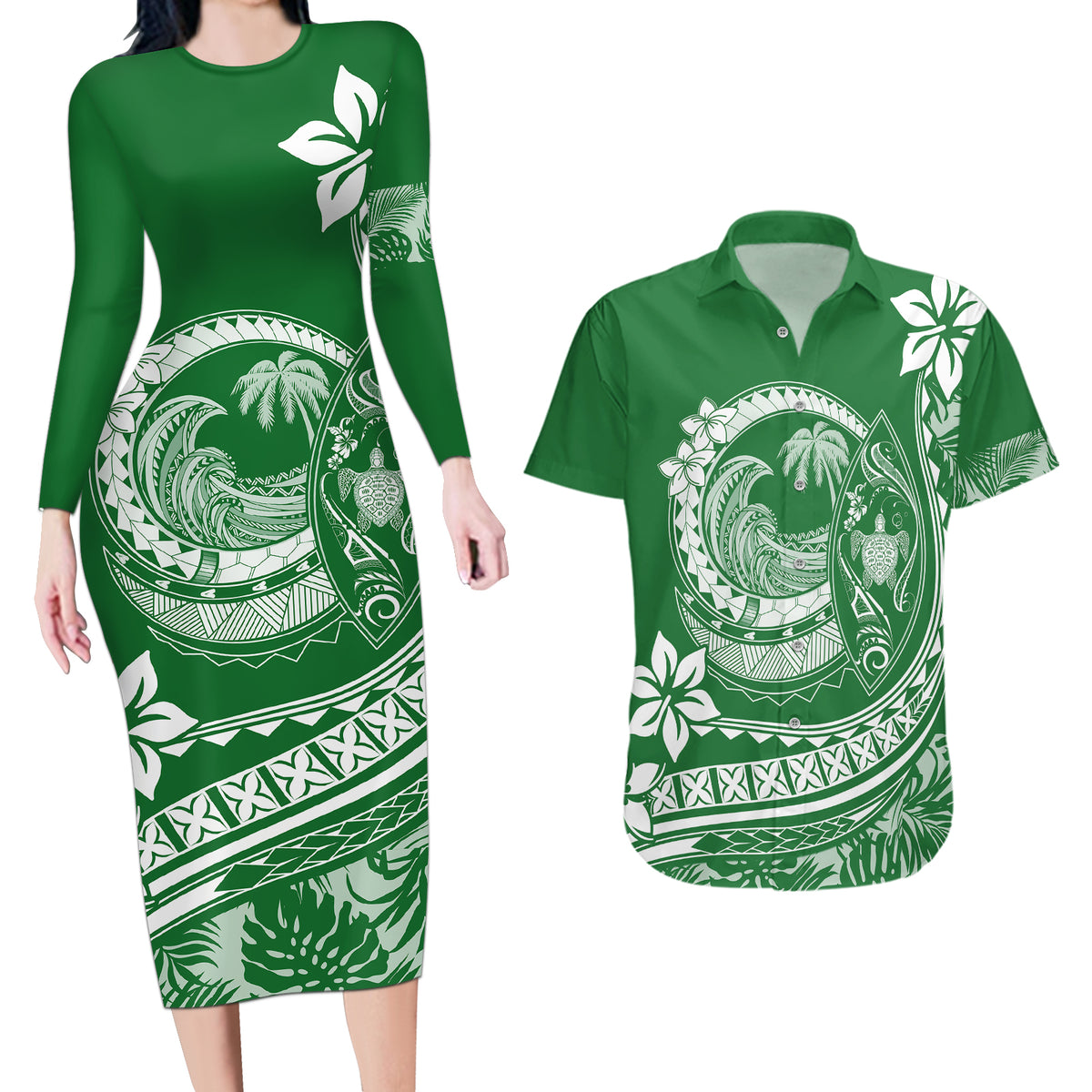 Polynesian Plumeria Couples Matching Long Sleeve Bodycon Dress and Hawaiian Shirt Ride The Waves - Green LT7 - Wonder Print Shop