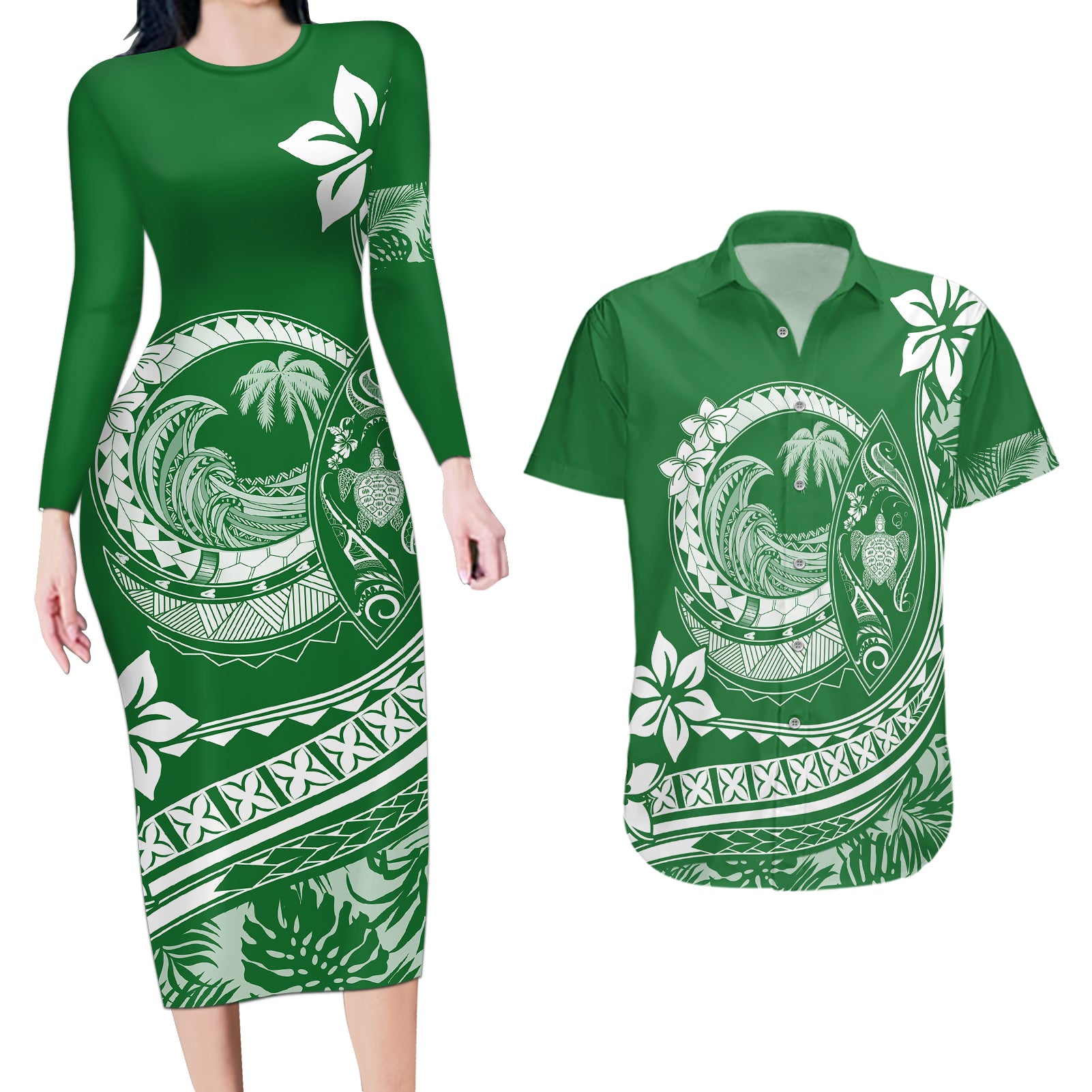 Polynesian Plumeria Couples Matching Long Sleeve Bodycon Dress and Hawaiian Shirt Ride The Waves - Green LT7 - Wonder Print Shop