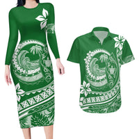 Polynesian Plumeria Couples Matching Long Sleeve Bodycon Dress and Hawaiian Shirt Ride The Waves - Green LT7 - Wonder Print Shop