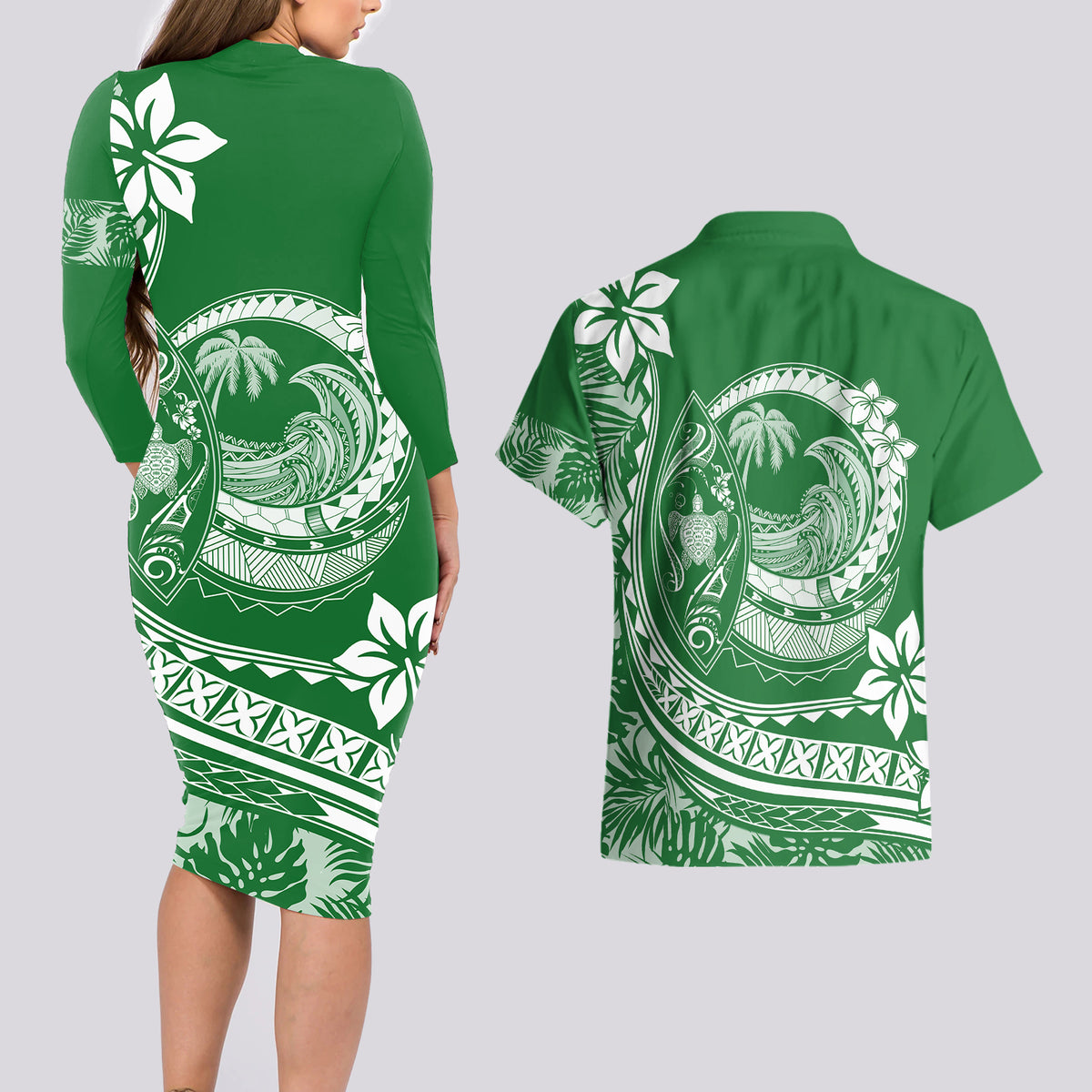 Polynesian Plumeria Couples Matching Long Sleeve Bodycon Dress and Hawaiian Shirt Ride The Waves - Green LT7 - Wonder Print Shop