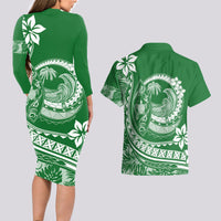 Polynesian Plumeria Couples Matching Long Sleeve Bodycon Dress and Hawaiian Shirt Ride The Waves - Green LT7 - Wonder Print Shop
