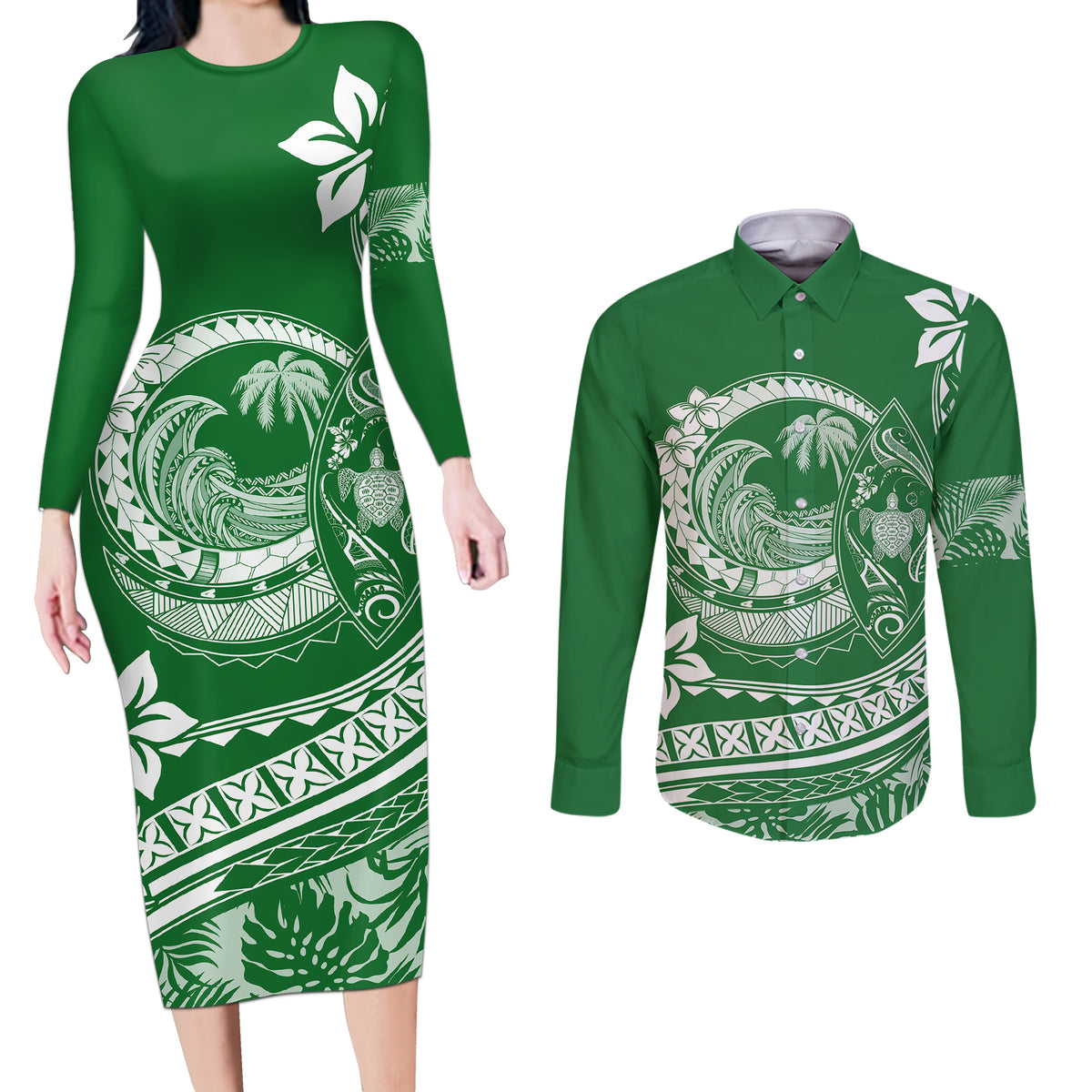 Polynesian Plumeria Couples Matching Long Sleeve Bodycon Dress and Long Sleeve Button Shirts Ride The Waves - Green LT7 - Wonder Print Shop