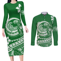 Polynesian Plumeria Couples Matching Long Sleeve Bodycon Dress and Long Sleeve Button Shirts Ride The Waves - Green LT7 - Wonder Print Shop