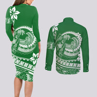 Polynesian Plumeria Couples Matching Long Sleeve Bodycon Dress and Long Sleeve Button Shirts Ride The Waves - Green LT7 - Wonder Print Shop