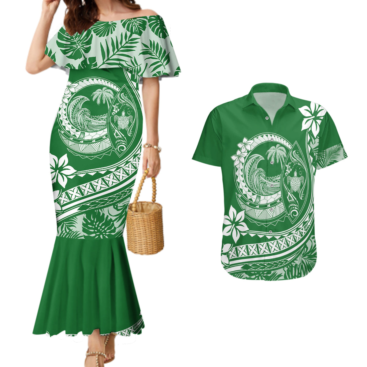 Polynesian Plumeria Couples Matching Mermaid Dress And Hawaiian Shirt Ride The Waves - Green LT7 - Wonder Print Shop
