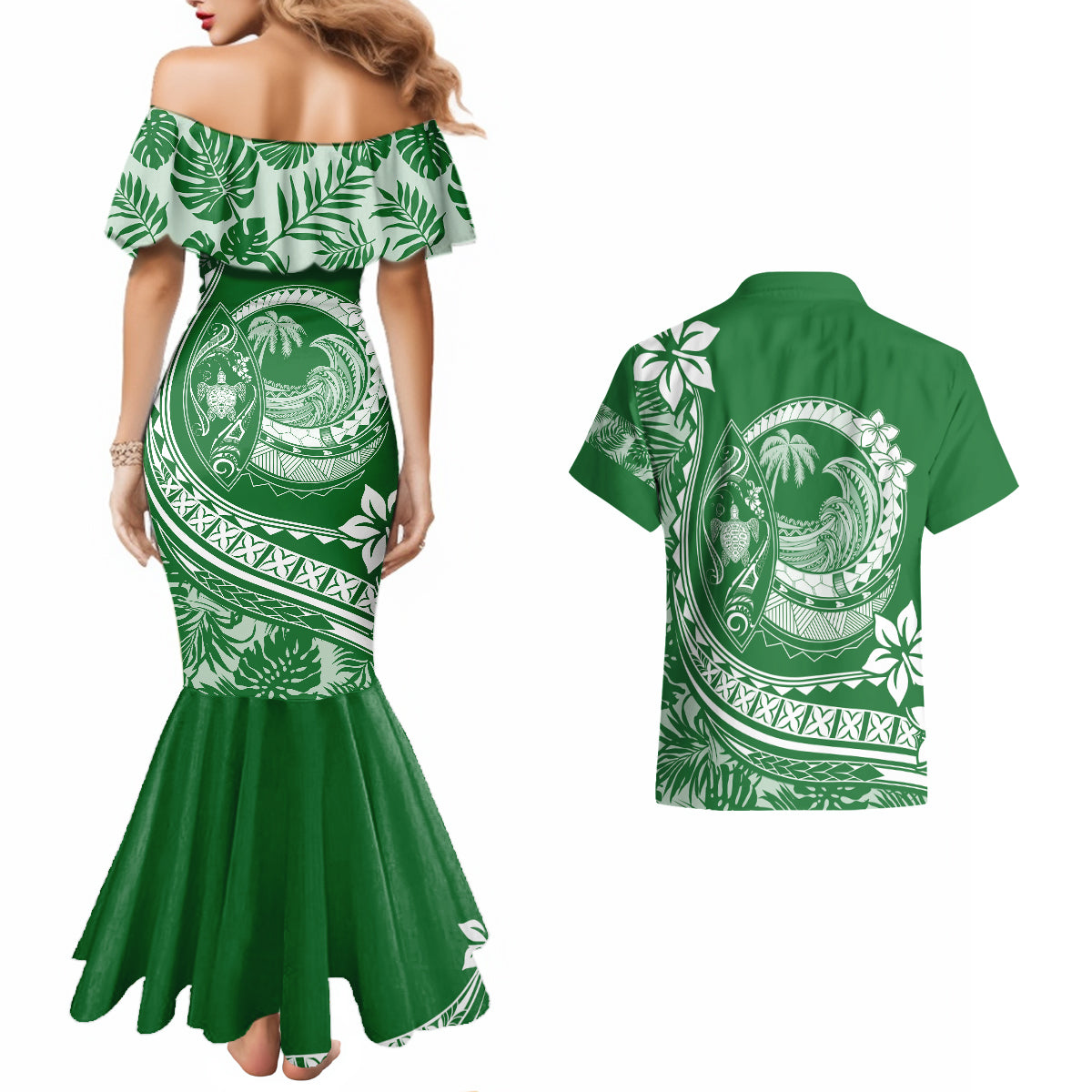 Polynesian Plumeria Couples Matching Mermaid Dress And Hawaiian Shirt Ride The Waves - Green LT7 - Wonder Print Shop
