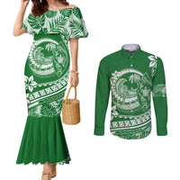 polynesian-plumeria-couples-matching-mermaid-dress-and-long-sleeve-button-shirts-ride-the-waves-green