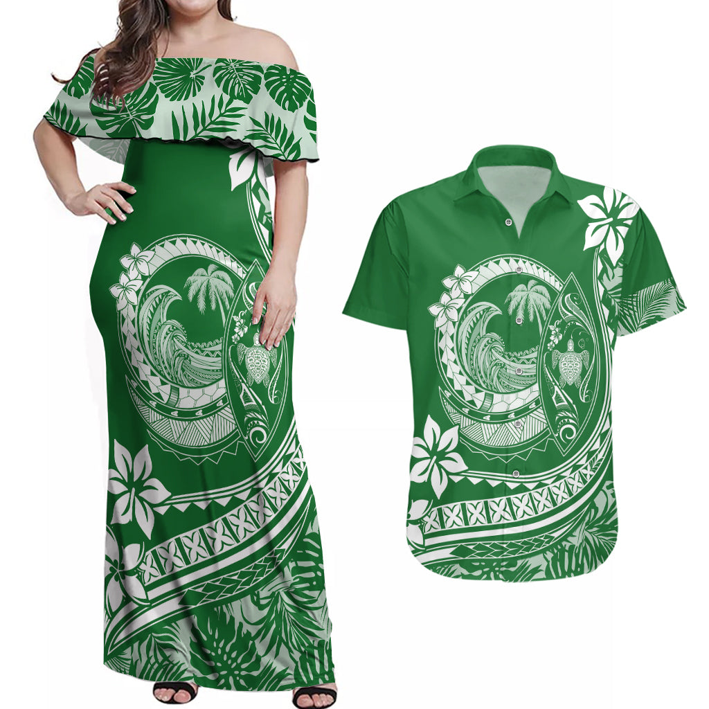Polynesian Plumeria Couples Matching Off Shoulder Maxi Dress and Hawaiian Shirt Ride The Waves - Green LT7 - Wonder Print Shop
