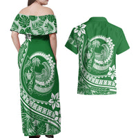 Polynesian Plumeria Couples Matching Off Shoulder Maxi Dress and Hawaiian Shirt Ride The Waves - Green LT7 - Wonder Print Shop