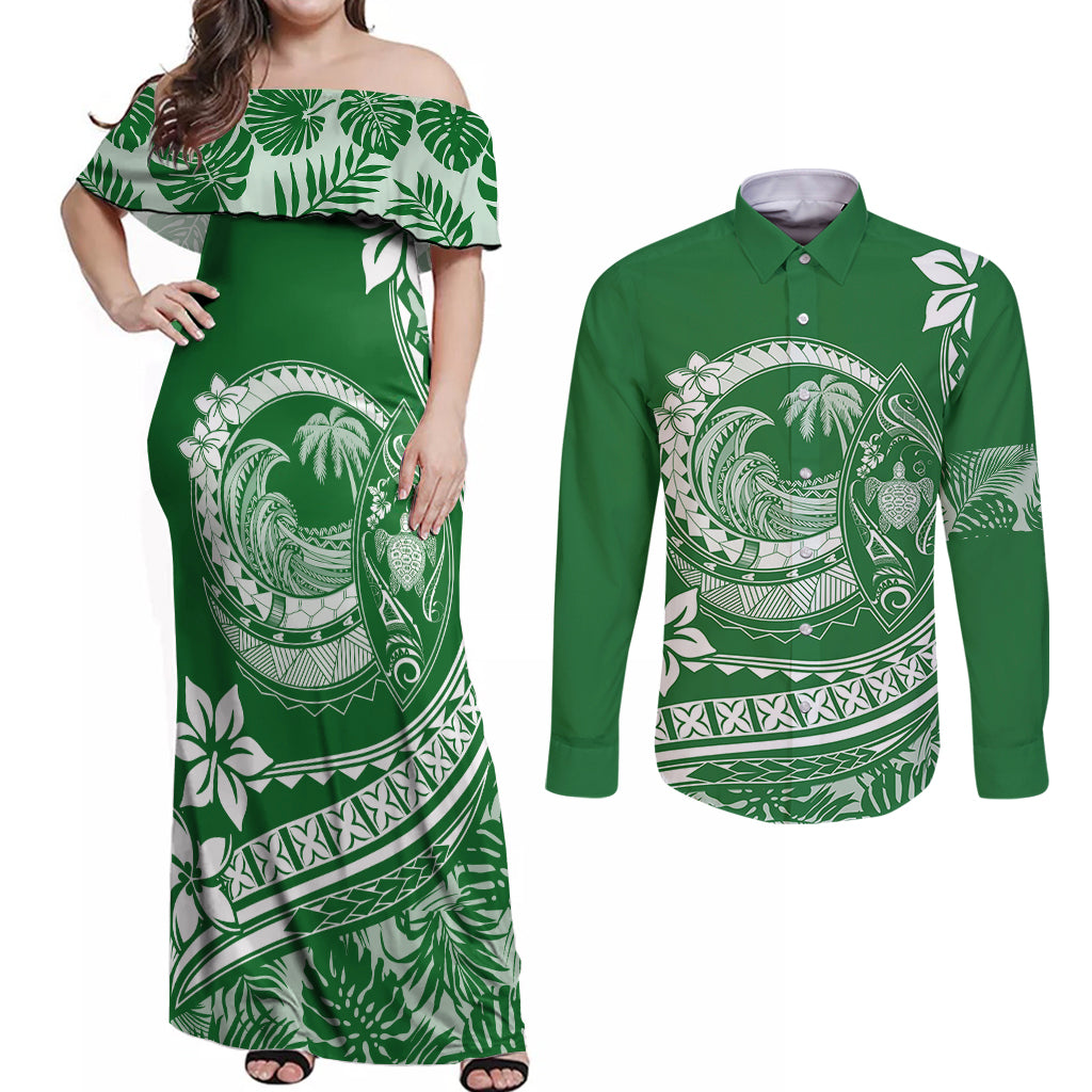 Polynesian Plumeria Couples Matching Off Shoulder Maxi Dress and Long Sleeve Button Shirts Ride The Waves - Green LT7 - Wonder Print Shop