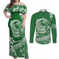 Polynesian Plumeria Couples Matching Off Shoulder Maxi Dress and Long Sleeve Button Shirts Ride The Waves - Green LT7 - Wonder Print Shop
