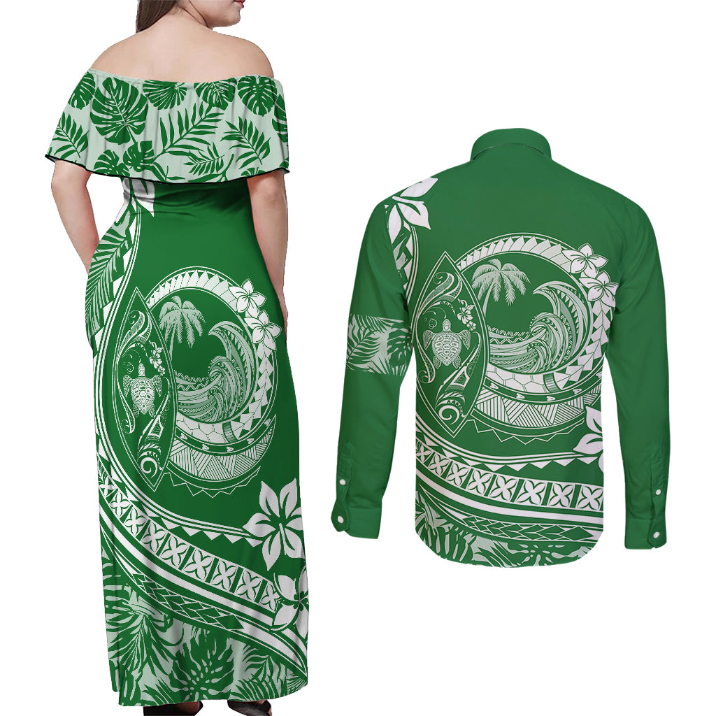 Polynesian Plumeria Couples Matching Off Shoulder Maxi Dress and Long Sleeve Button Shirts Ride The Waves - Green LT7 - Wonder Print Shop
