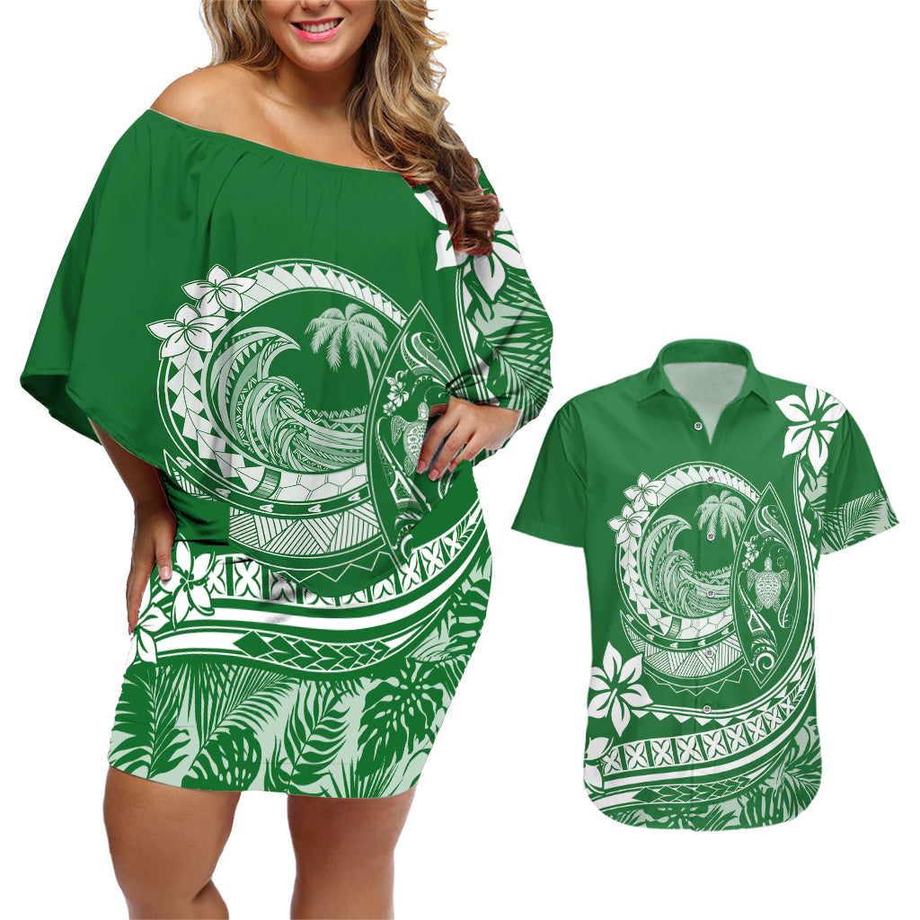 Polynesian Plumeria Couples Matching Off Shoulder Short Dress and Hawaiian Shirt Ride The Waves - Green LT7 - Wonder Print Shop