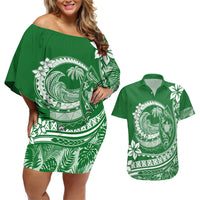 Polynesian Plumeria Couples Matching Off Shoulder Short Dress and Hawaiian Shirt Ride The Waves - Green LT7 - Wonder Print Shop