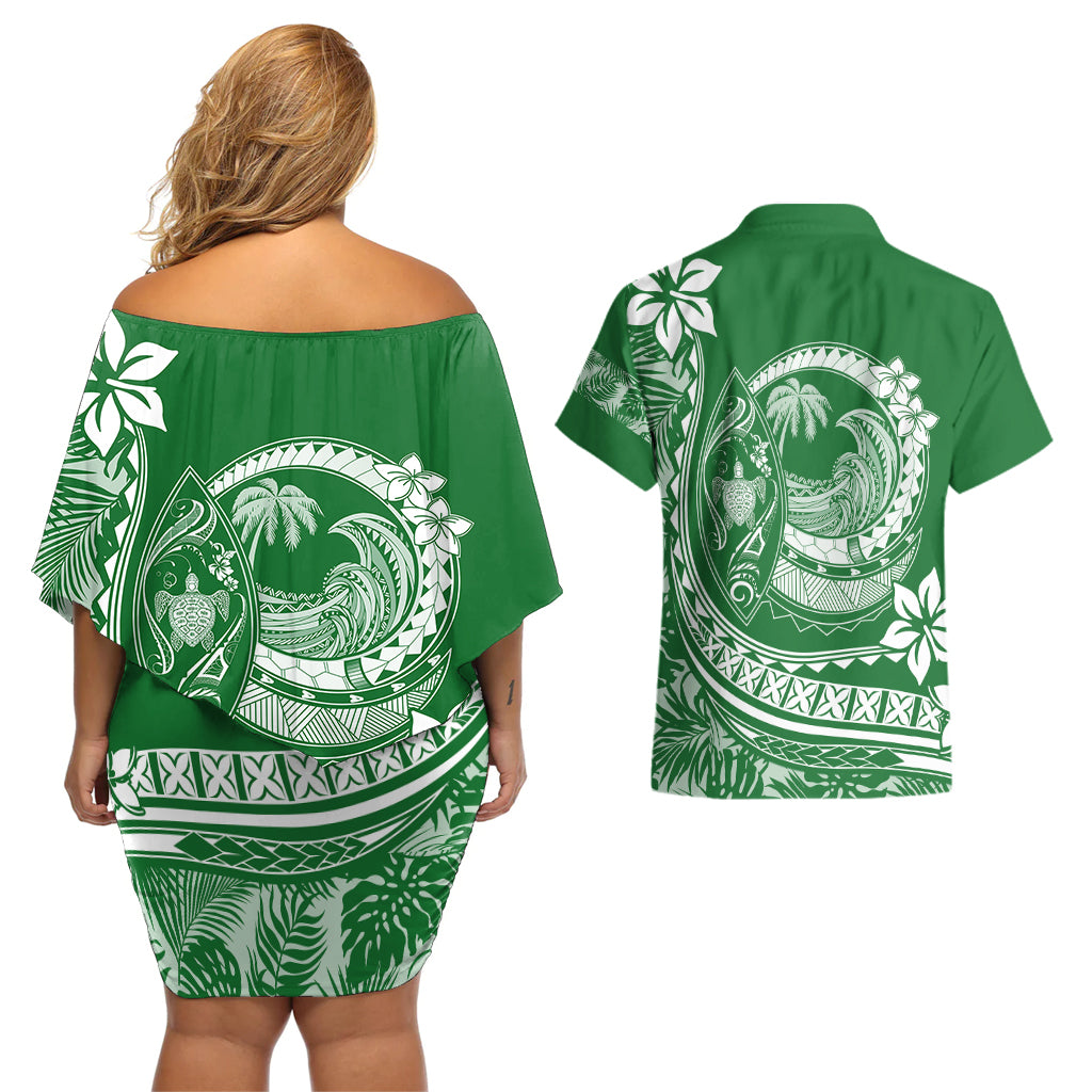 Polynesian Plumeria Couples Matching Off Shoulder Short Dress and Hawaiian Shirt Ride The Waves - Green LT7 - Wonder Print Shop