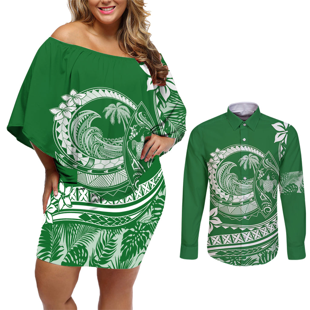 Polynesian Plumeria Couples Matching Off Shoulder Short Dress and Long Sleeve Button Shirts Ride The Waves - Green LT7 - Wonder Print Shop