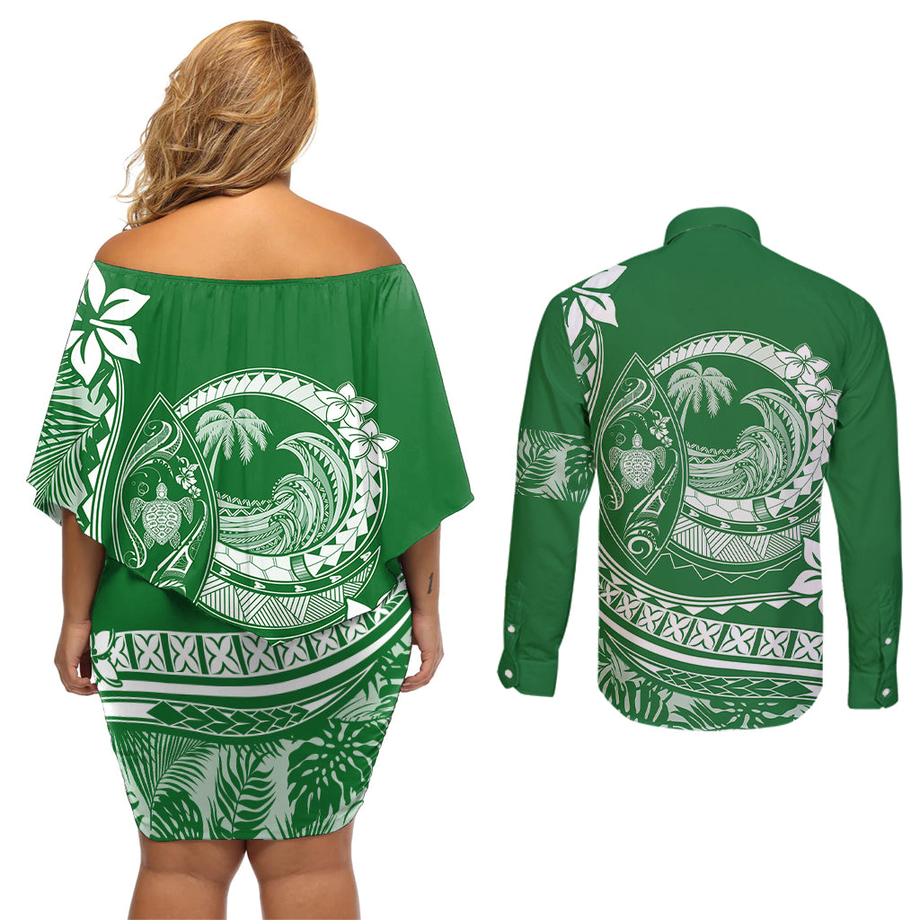 Polynesian Plumeria Couples Matching Off Shoulder Short Dress and Long Sleeve Button Shirts Ride The Waves - Green LT7 - Wonder Print Shop