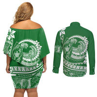 Polynesian Plumeria Couples Matching Off Shoulder Short Dress and Long Sleeve Button Shirts Ride The Waves - Green LT7 - Wonder Print Shop