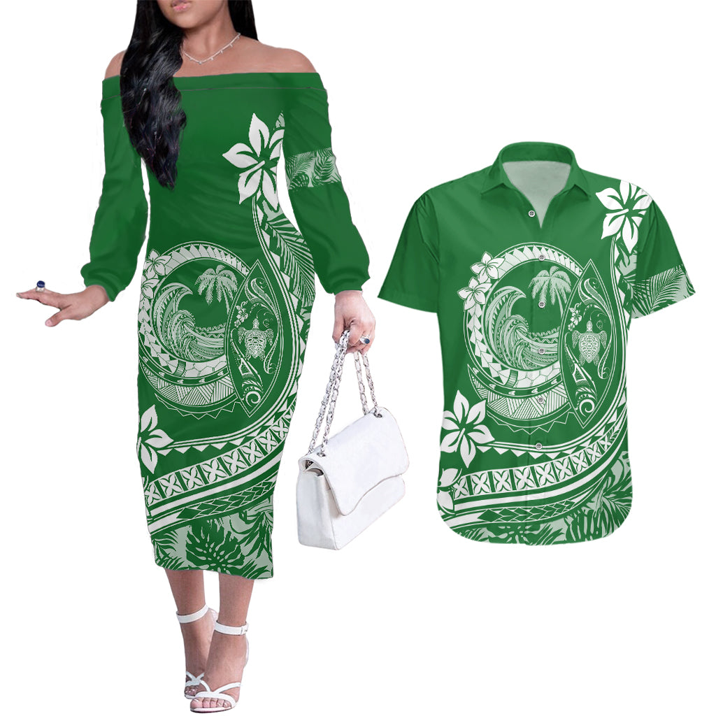 Polynesian Plumeria Couples Matching Off The Shoulder Long Sleeve Dress and Hawaiian Shirt Ride The Waves - Green LT7 - Wonder Print Shop