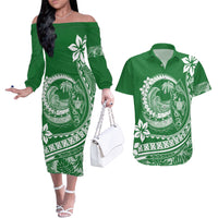 Polynesian Plumeria Couples Matching Off The Shoulder Long Sleeve Dress and Hawaiian Shirt Ride The Waves - Green LT7 - Wonder Print Shop