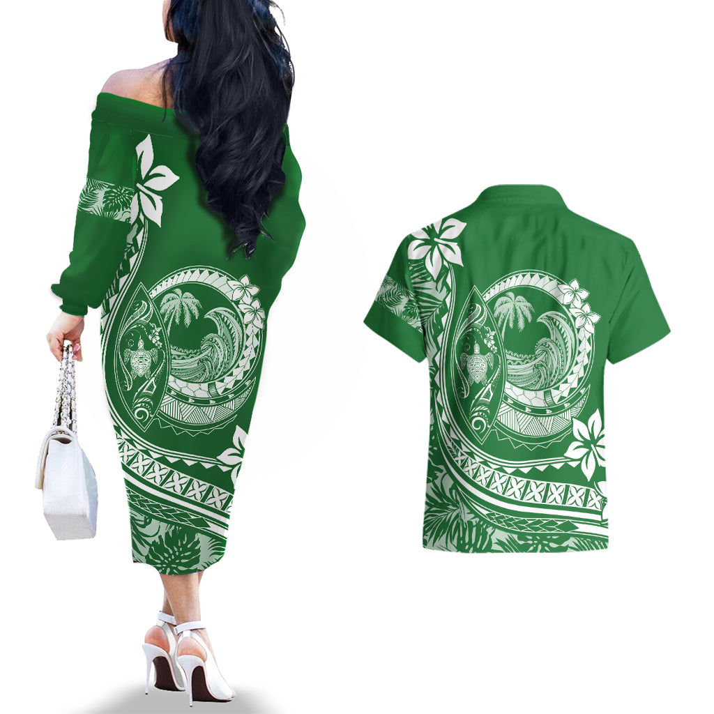Polynesian Plumeria Couples Matching Off The Shoulder Long Sleeve Dress and Hawaiian Shirt Ride The Waves - Green LT7 - Wonder Print Shop