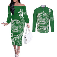 polynesian-plumeria-couples-matching-off-the-shoulder-long-sleeve-dress-and-long-sleeve-button-shirts-ride-the-waves-green