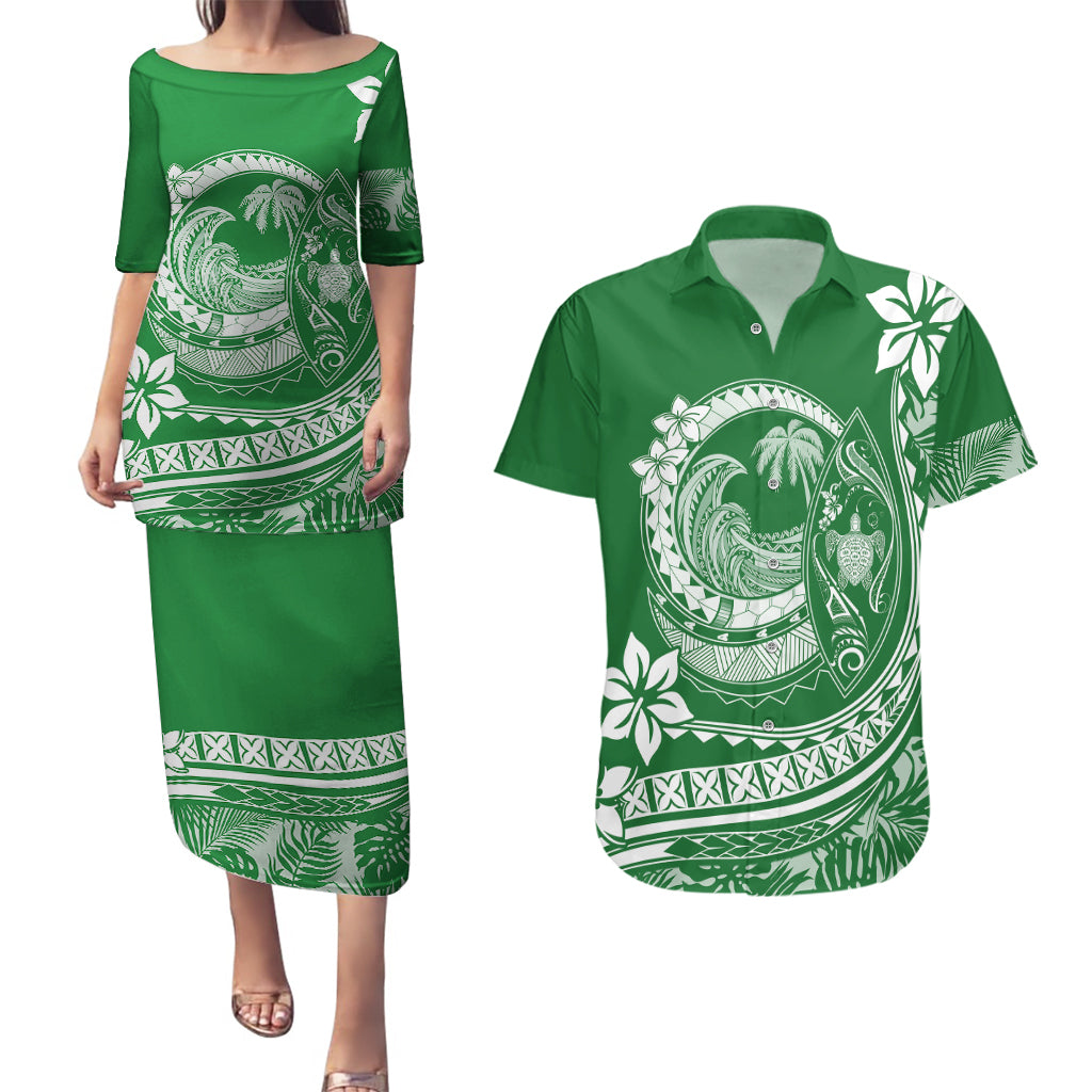 Polynesian Plumeria Couples Matching Puletasi Dress and Hawaiian Shirt Ride The Waves - Green LT7 - Wonder Print Shop