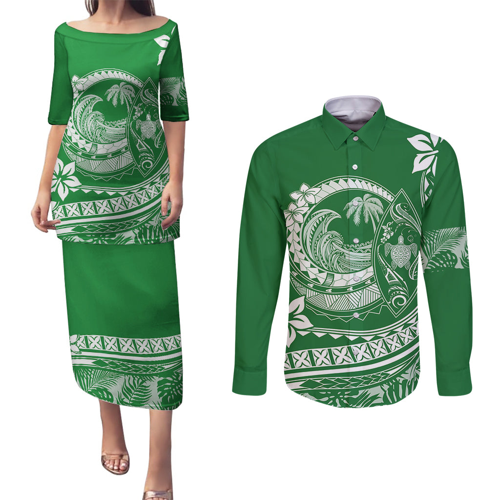 Polynesian Plumeria Couples Matching Puletasi Dress and Long Sleeve Button Shirts Ride The Waves - Green LT7 - Wonder Print Shop