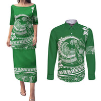 Polynesian Plumeria Couples Matching Puletasi Dress and Long Sleeve Button Shirts Ride The Waves - Green LT7 - Wonder Print Shop