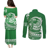Polynesian Plumeria Couples Matching Puletasi Dress and Long Sleeve Button Shirts Ride The Waves - Green LT7 - Wonder Print Shop