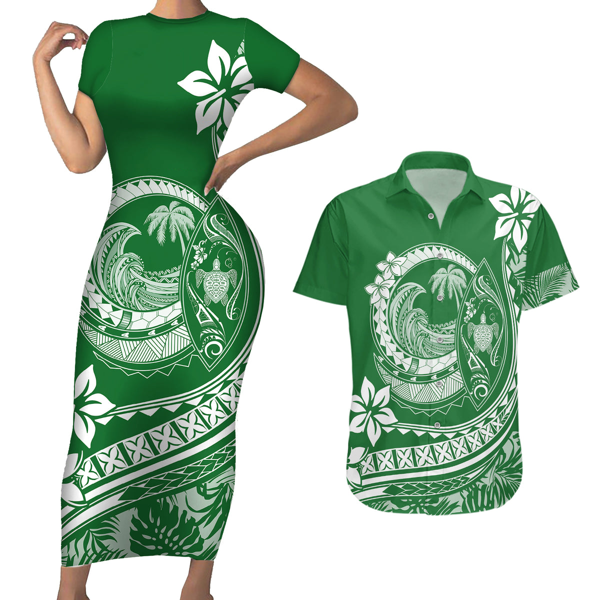 Polynesian Plumeria Couples Matching Short Sleeve Bodycon Dress and Hawaiian Shirt Ride The Waves - Green LT7 - Wonder Print Shop