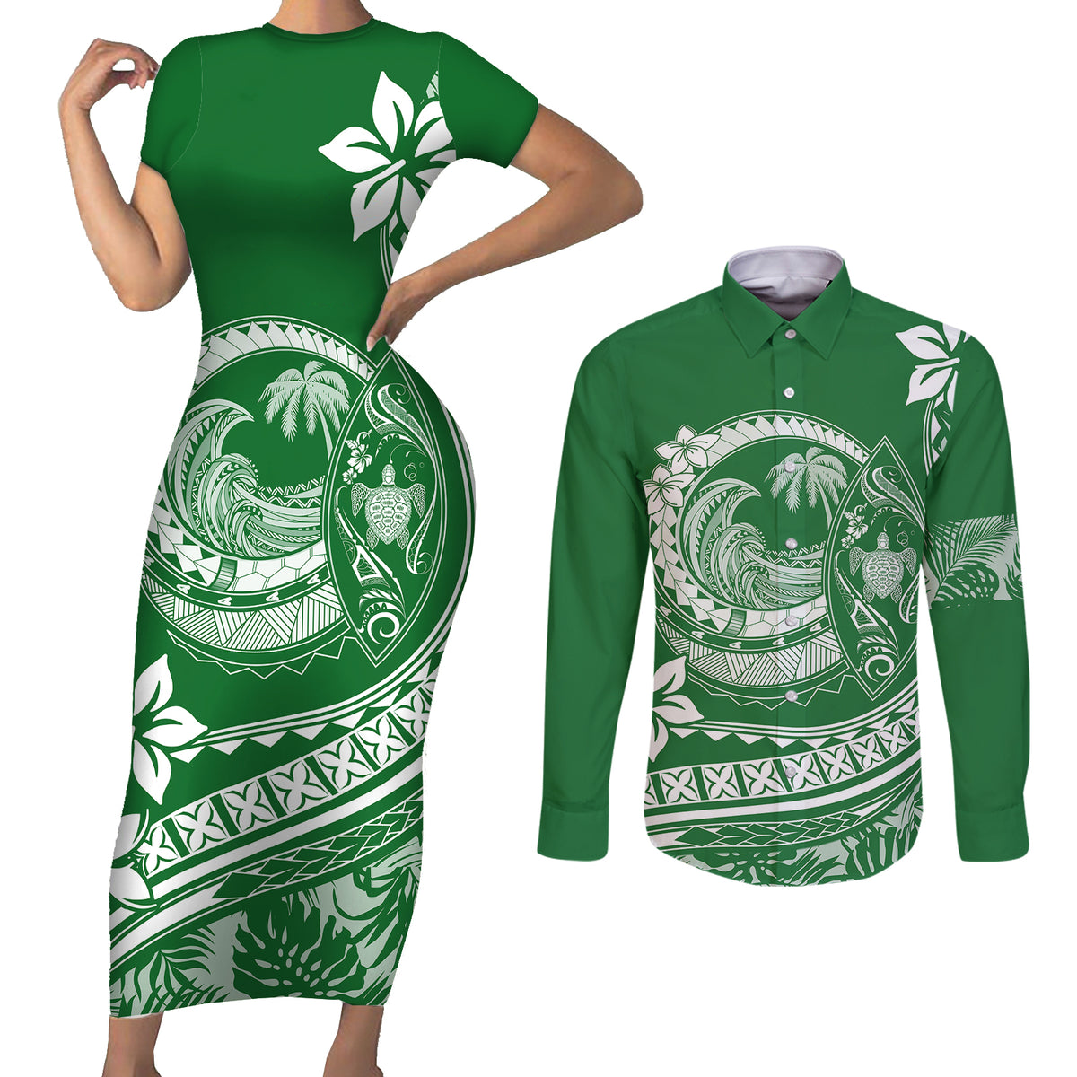 Polynesian Plumeria Couples Matching Short Sleeve Bodycon Dress and Long Sleeve Button Shirts Ride The Waves - Green LT7 - Wonder Print Shop