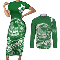 Polynesian Plumeria Couples Matching Short Sleeve Bodycon Dress and Long Sleeve Button Shirts Ride The Waves - Green LT7 - Wonder Print Shop