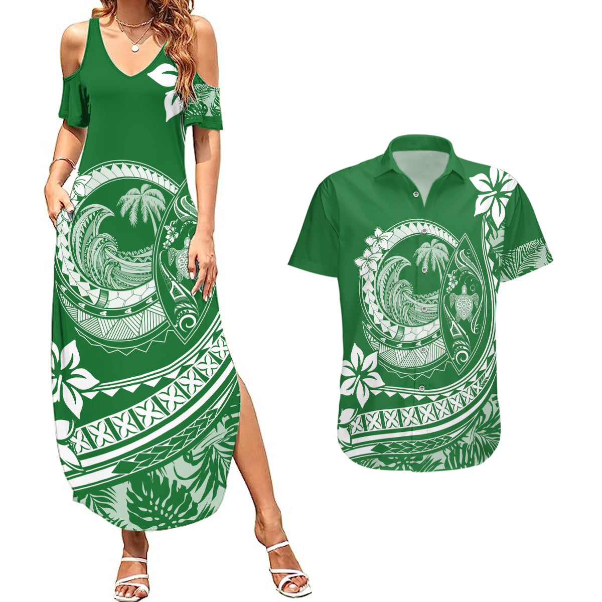 Polynesian Plumeria Couples Matching Summer Maxi Dress and Hawaiian Shirt Ride The Waves - Green LT7 - Wonder Print Shop
