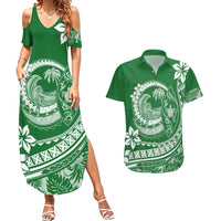 Polynesian Plumeria Couples Matching Summer Maxi Dress and Hawaiian Shirt Ride The Waves - Green LT7 - Wonder Print Shop