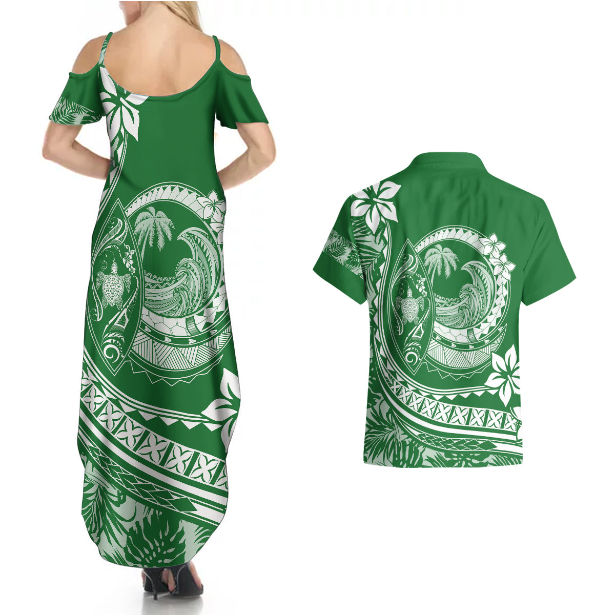 Polynesian Plumeria Couples Matching Summer Maxi Dress and Hawaiian Shirt Ride The Waves - Green LT7 - Wonder Print Shop