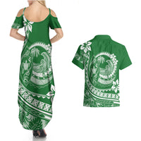 Polynesian Plumeria Couples Matching Summer Maxi Dress and Hawaiian Shirt Ride The Waves - Green LT7 - Wonder Print Shop