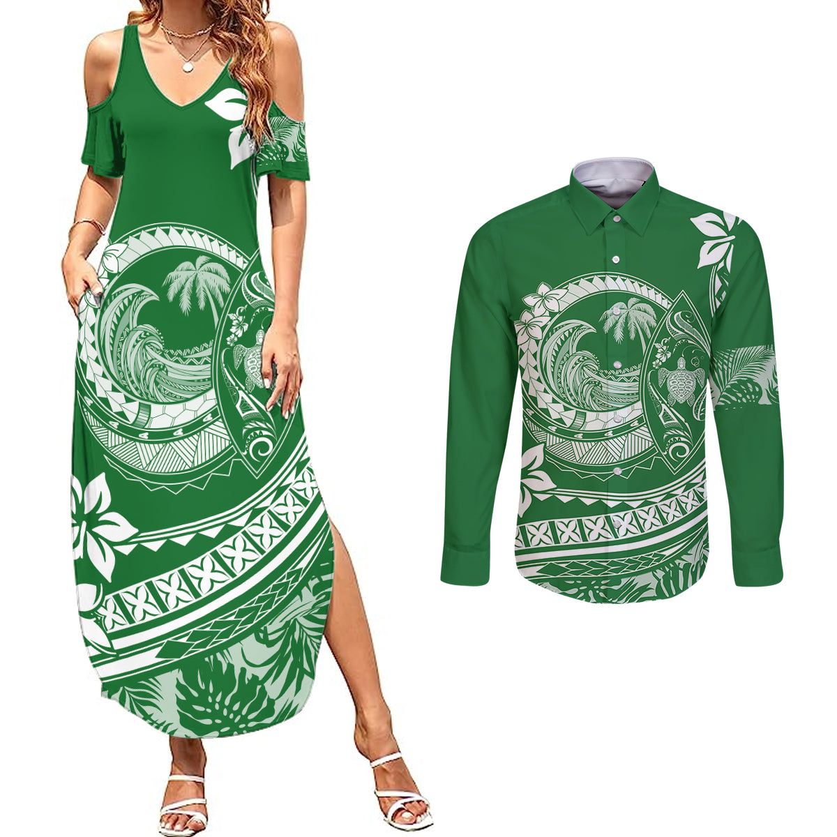 Polynesian Plumeria Couples Matching Summer Maxi Dress and Long Sleeve Button Shirts Ride The Waves - Green LT7 - Wonder Print Shop