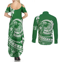 Polynesian Plumeria Couples Matching Summer Maxi Dress and Long Sleeve Button Shirts Ride The Waves - Green LT7 - Wonder Print Shop
