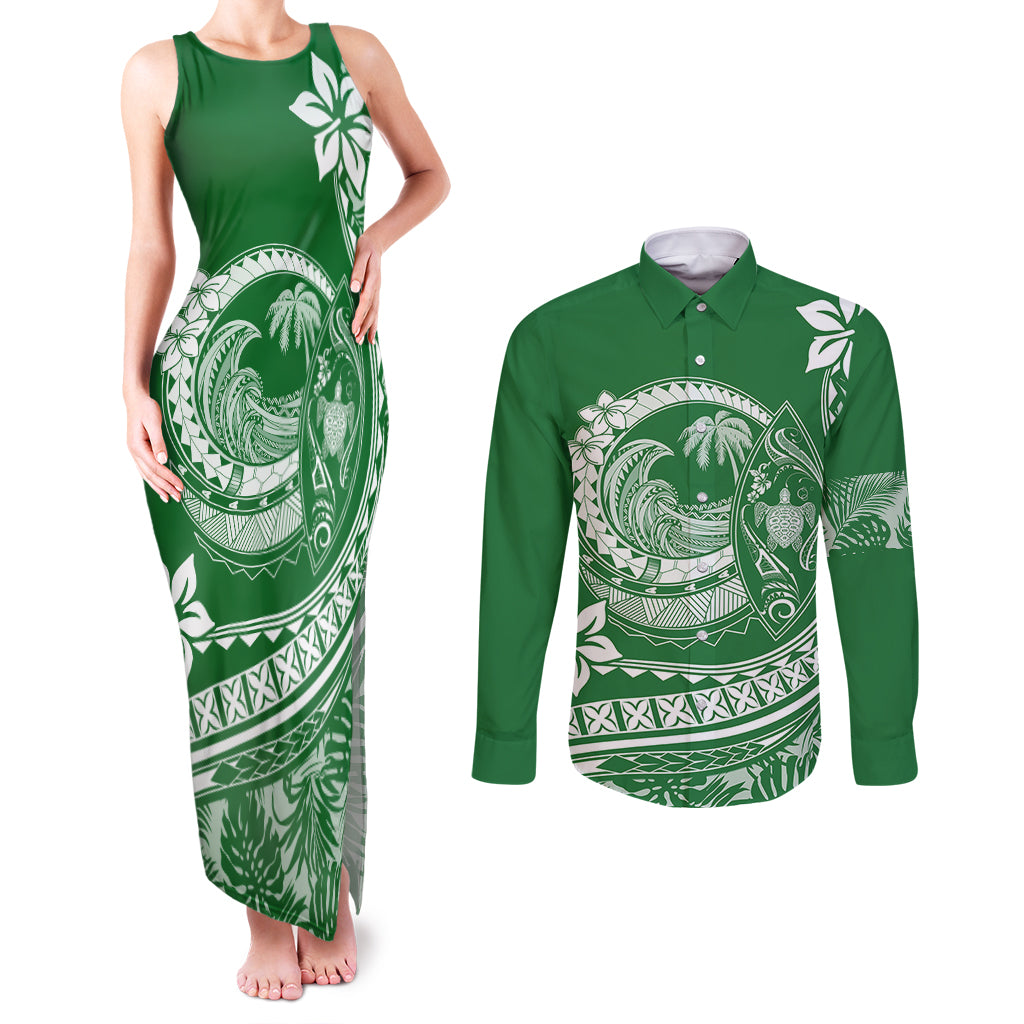 Polynesian Plumeria Couples Matching Tank Maxi Dress and Long Sleeve Button Shirts Ride The Waves - Green LT7 - Wonder Print Shop