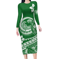 Polynesian Plumeria Long Sleeve Bodycon Dress Ride The Waves - Green - Wonder Print Shop