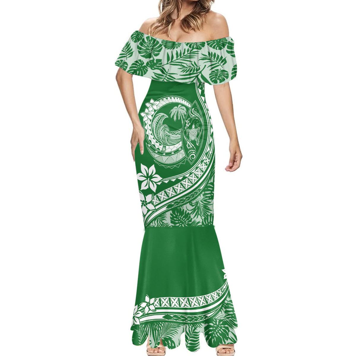 Polynesian Plumeria Mermaid Dress Ride The Waves - Green - Wonder Print Shop