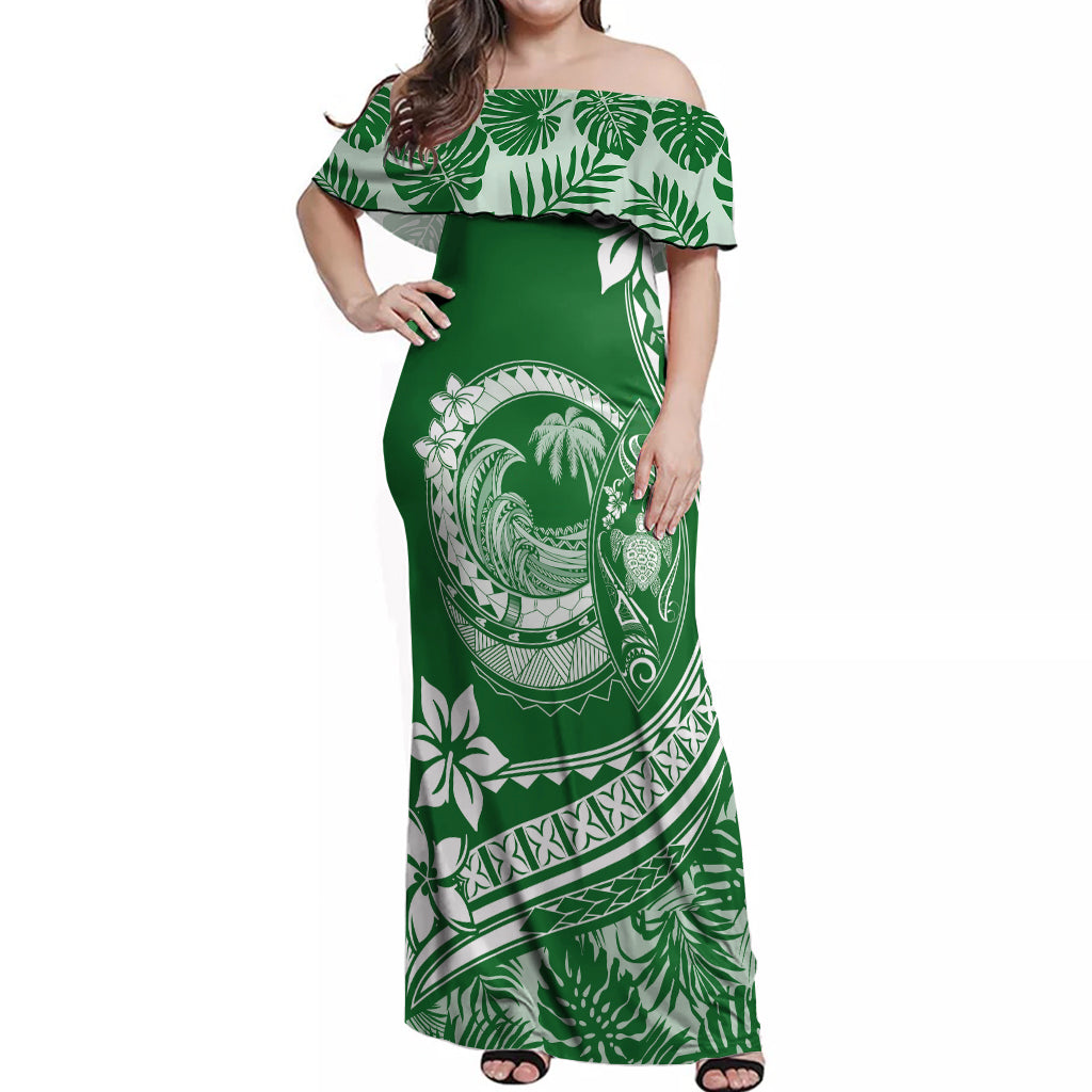 Polynesian Plumeria Off Shoulder Maxi Dress Ride The Waves - Green - Wonder Print Shop