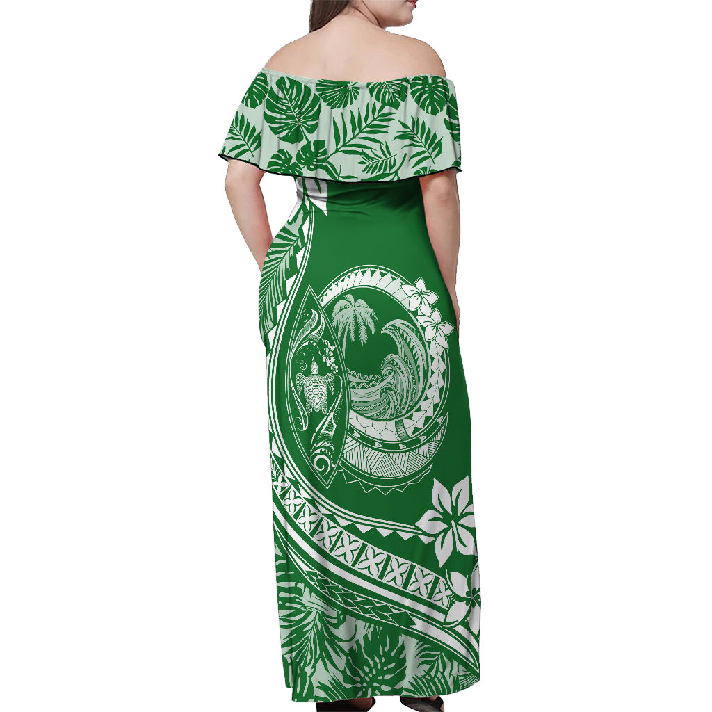 Polynesian Plumeria Off Shoulder Maxi Dress Ride The Waves - Green - Wonder Print Shop