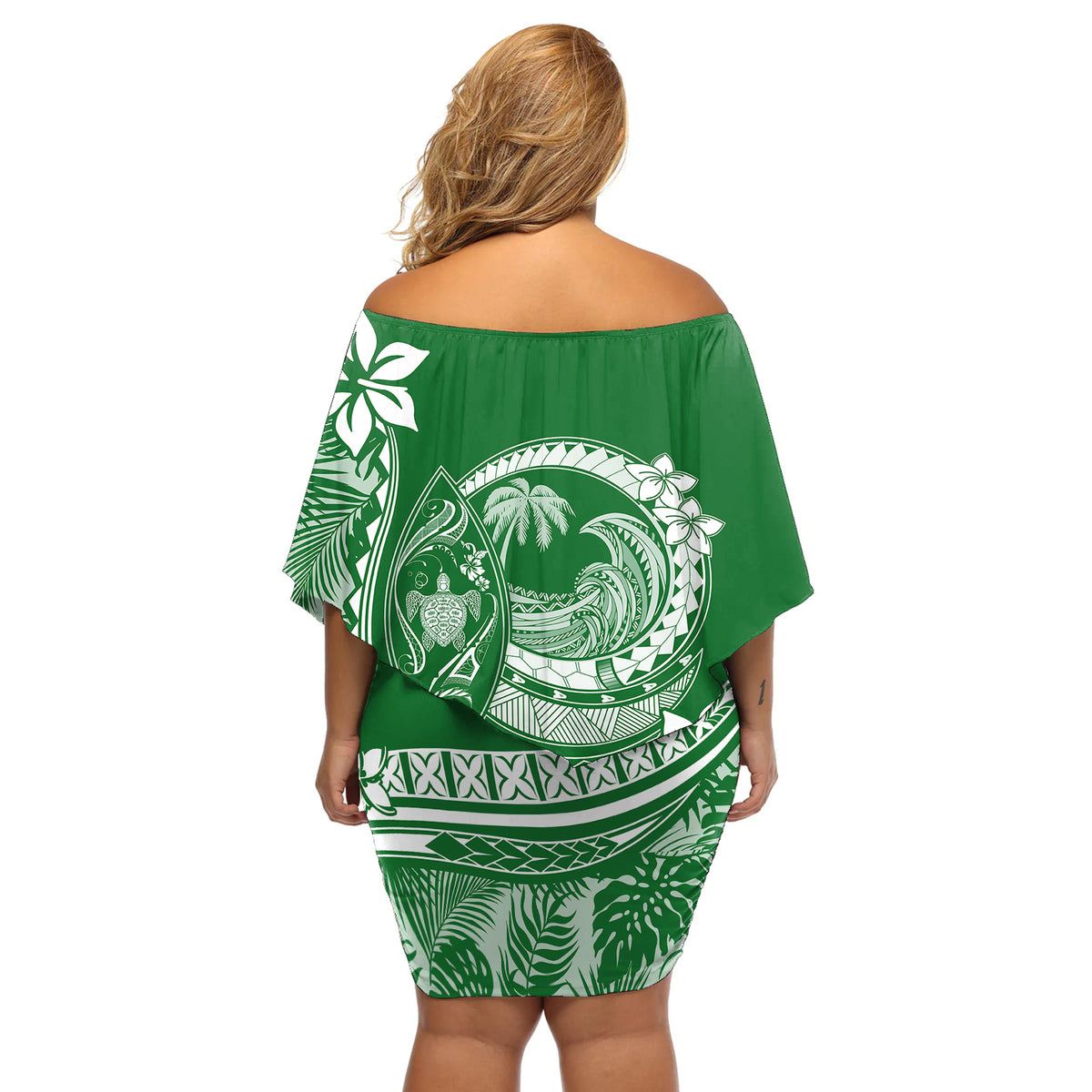 Polynesian Plumeria Off Shoulder Short Dress Ride The Waves - Green - Wonder Print Shop
