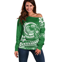 Polynesian Plumeria Off Shoulder Sweater Ride The Waves - Green - Wonder Print Shop