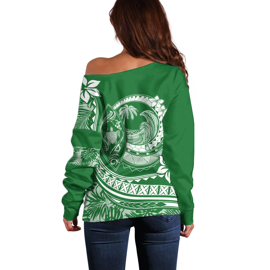 Polynesian Plumeria Off Shoulder Sweater Ride The Waves - Green - Wonder Print Shop