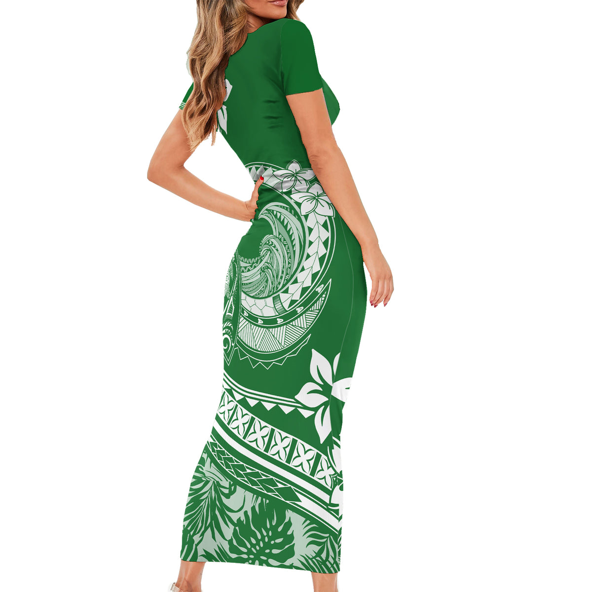 Polynesian Plumeria Short Sleeve Bodycon Dress Ride The Waves - Green - Wonder Print Shop