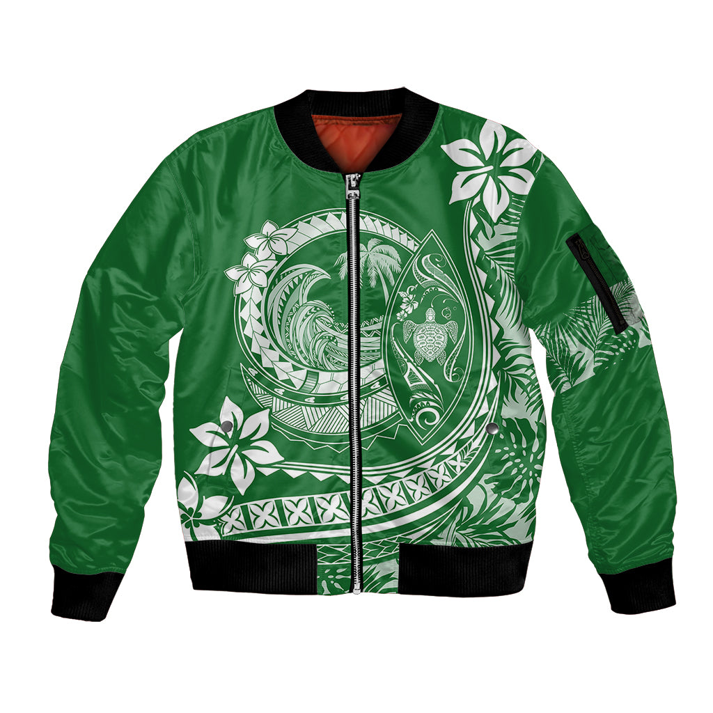 Polynesian Plumeria Sleeve Zip Bomber Jacket Ride The Waves - Green - Wonder Print Shop