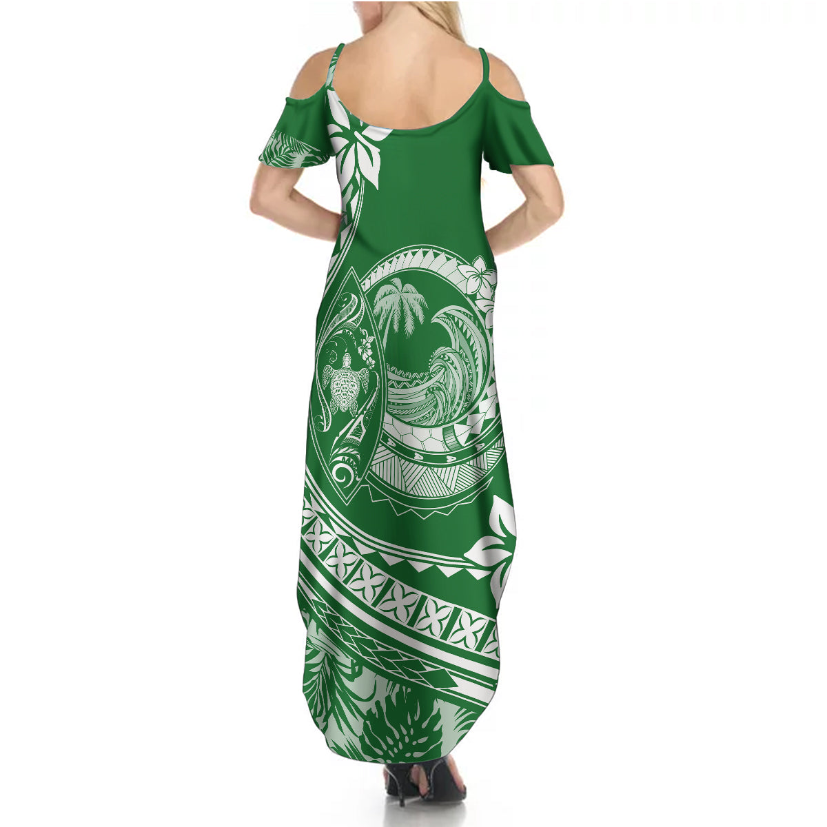 Polynesian Plumeria Summer Maxi Dress Ride The Waves - Green - Wonder Print Shop